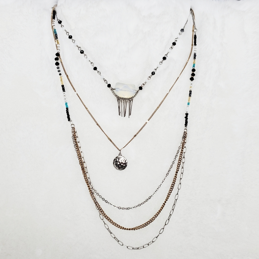 Silver & Bronze Layered Beaded Statement Necklace